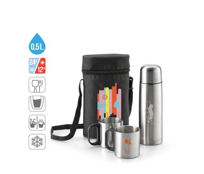 Set Termo Acero Inoxidable Doble Pared con 2 Tazas y Funda