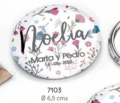 ESPEJO MAQUILLAJE PERSONALIZADO NOVIOS Y NOMBRE INVITADA C/BOLSITA. Ø 6.5 cms. (MÍNIMO 15 uds.). ADOP7103