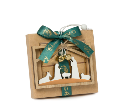 Estuche 4 napolitanas siluetas Pesebre madera con cascabel - ANWB72
