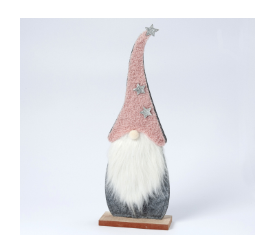 Figura Gnomo gorro rosa y base madera 40cm. - ANA136
