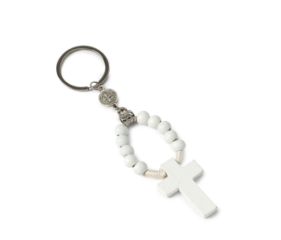 Llavero rosario de madera blanco 11cm. - AK16