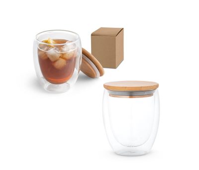 Taza de Viaje de Vidrio Doble Pared con Tapa de Bambú 350ml