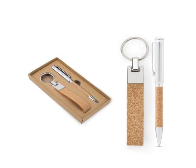 Set Bolígrafo Metal y Corcho con Llavero en Caja Kraft