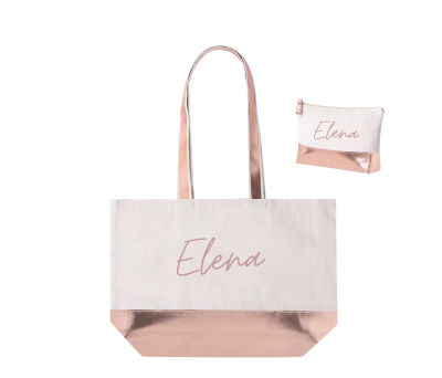 Pack de bolsa y neceser golden en rosa oro personalizado con el nombre de la invitada - Pack golden rosa oro