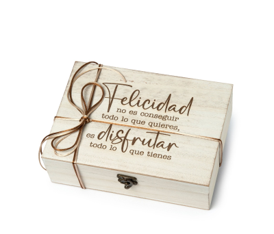 Pack regalo cofre madera mensaje Felicidad 23x17 cm. - AJW53