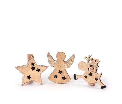 Pinza de madera navideña dorada, estrella, reno y ángel - ANW73