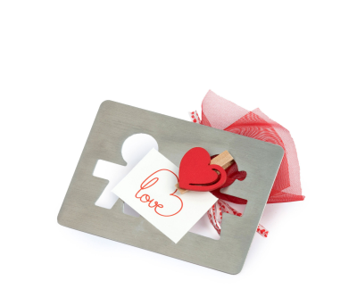 Posavasos metálico chico chica con tarjeta Love y bombón - AVB4