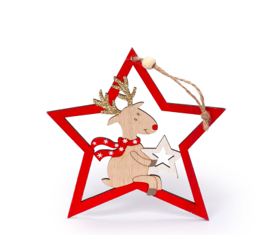 Reno y estrella madera 14cm. con colgante - ANW87