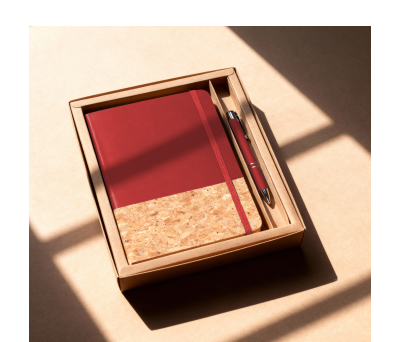 Set Libreta Corcho y Bolígrafo Caucho en Caja Kraft