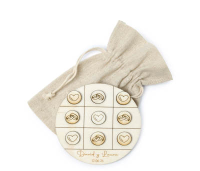 Set madera Juego tres en raya Anillos Corazón personalizado - AWA5