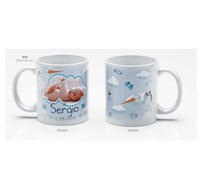 TAZA BEBÉ CELESTE PERSONALIZADA CON FOTO. NOMBRE Y FECHA C/CAJA DE REGALO. (Mínimo 10 uds.). ADOP1578