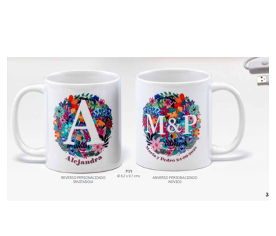 TAZA BODA FLORES PERSONALIZADA NOMBRE INVITADO/A Y NOVIOS C/CAJA DE REGALO. (Mínimo 10 uds.). ADOP7171