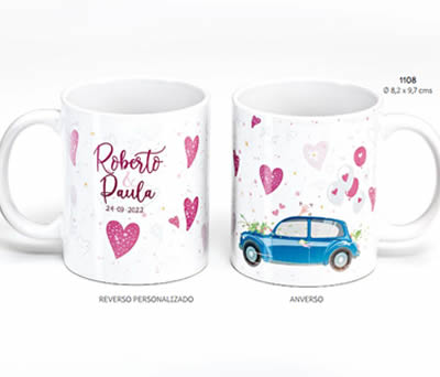 TAZA COCHE GLOBOS BODA C/CAJA DE REGALO. Ø 8.2x9.7 cms. (PERSONALIZABLE). ADOP1108