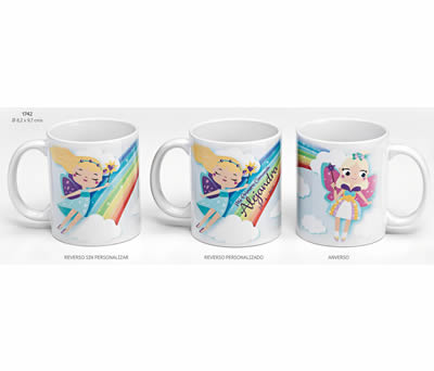 TAZA HADAS ARCOIRIS C/CAJA DE REGALO. Ø 8.2x9.7 cms. (PERSONALIZABLE). ADOP1742