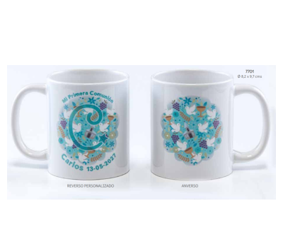 TAZA INICIAL COM. AZUL PERSONALIZADA C/CAJA DE REGALO. Ø 8.2x9.7 cms. ADOP7701