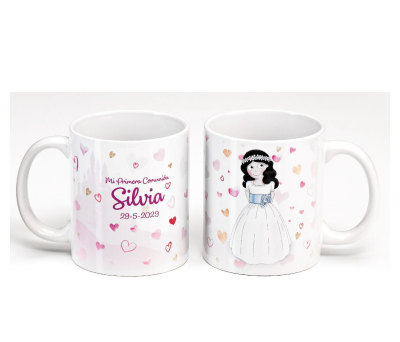 TAZA NIÑA COMUNIÓN CORAZONES C/CAJA DE REGALO. Ø 8.2x9.7 cms. (PERSONALIZABLE). - ADOP1740