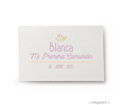 Tarjeta Comunión flores malva 5x3.5cm. 1hoja=36 tarj.min.5 - AX6110