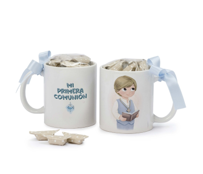 Taza Comunión niño chaleco y Biblia 7 caramelos caja regalo - AGD95.1