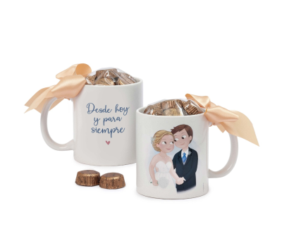 Taza cerámica novios "Desde hoy y para siempre" 6 bombones en caja regalo - AGB97.1