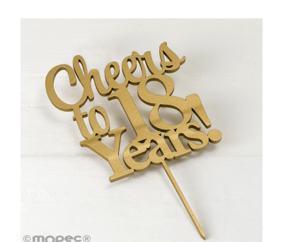 Cake topper Cheers to 18 years en color dorado 20cm. AW118