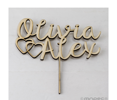 Cake topper madera personaliza. nombres/corazones 18cm.aprox AW170