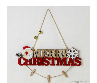 Cartel Merry Christmas. 28x8.5cm. con pinzas y cascabeles ANW201