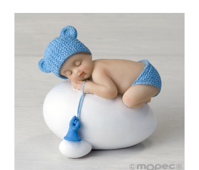Figura niño bebé azul durmiendo sobre huevo.7.5x8cm. - AY944.3